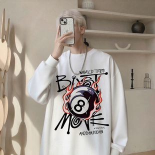 美式嘻哈风台球印花长袖T恤男款纯棉痞帅潮牌上衣打底衫春秋冬季