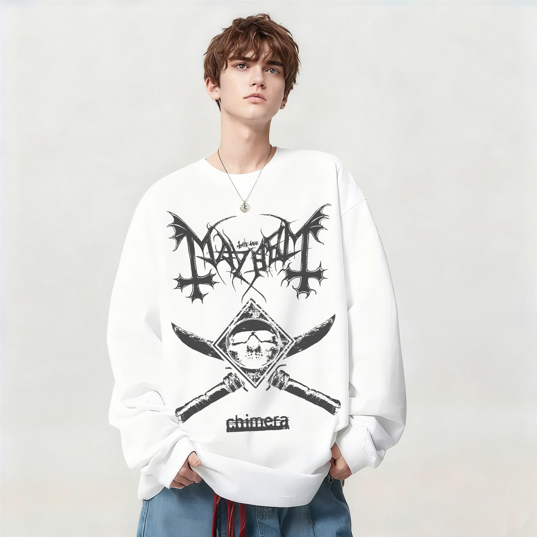 Mayhem残害乐队美式摇滚风骷髅印花长袖T恤男女宽松上衣青少年潮