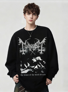 Mayhem乐队周边印花长袖T恤男暗黑风宽松圆领黑色摇滚上衣春秋冬