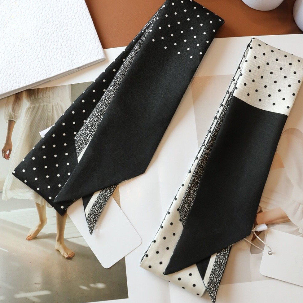 2024新款波点真丝斜纹飘带束发带双层长条绑包手柄丝巾小红书款