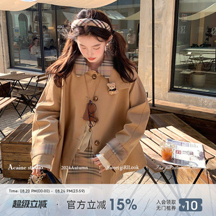 格纹bbr连帽风衣外套女秋季 Acaine中长款 外搭韩系宽松小个子大衣