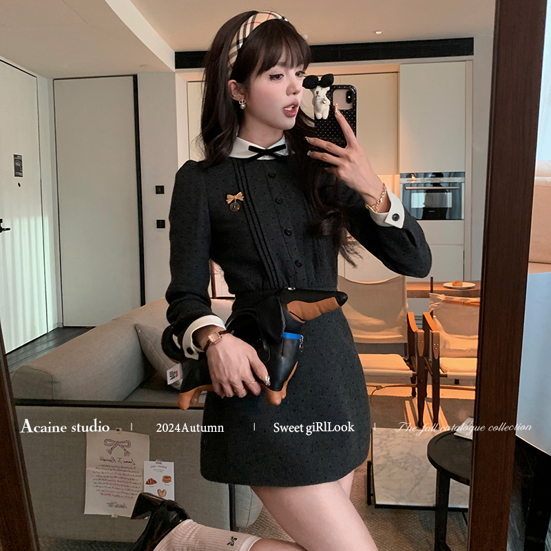 Acaine高干氛围/黑色中长款长袖收腰连衣裙女秋季法式气质a字裙子
