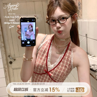 掛脖格子吊帶小背心女夏季 Acaine元 紅色短款 法式 氣甜寵 氣質(zhì)上衣