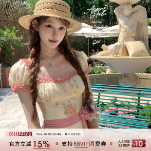 法式 收腰印花连衣裙女夏季 气质裙子 方领泡泡袖 Acaine马德里仲夏