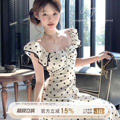 Acaine长款黑白波点收腰吊带连衣裙女夏季法式复古气质修身裙子