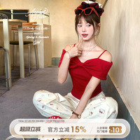 Acaine韓女法則/紅色短款一字肩短袖上衣女夏季韓系露肩半袖體恤