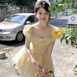 甜美裙子 Acaine中长款 黄色方领泡泡袖 收腰a字连衣裙女夏季 法式