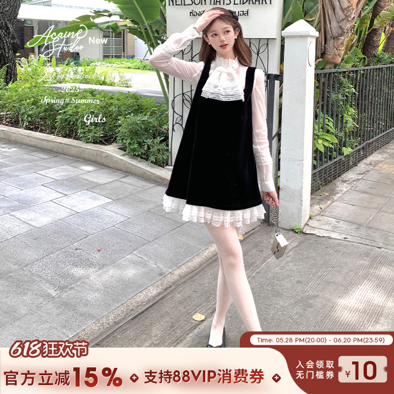 Acaine赫本序章/黑色中长款丝绒连衣裙女春季法式气质宽松裙子