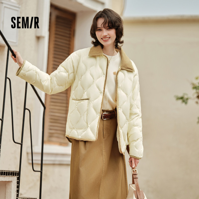 森马羽绒服女中长款轻薄拼接灯芯绒翻领2024冬季新款三防外套复古