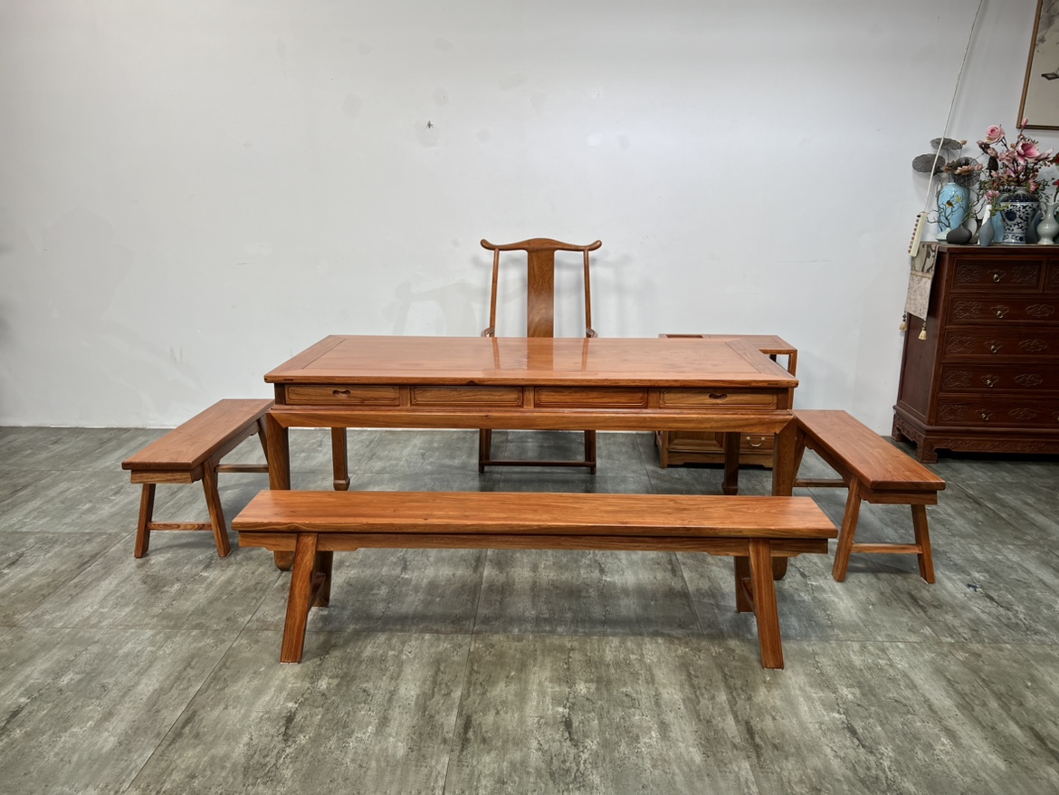 红木缅甸花梨木茶桌餐桌官帽椅大果紫檀干泡茶台长方桌板凳茶水车