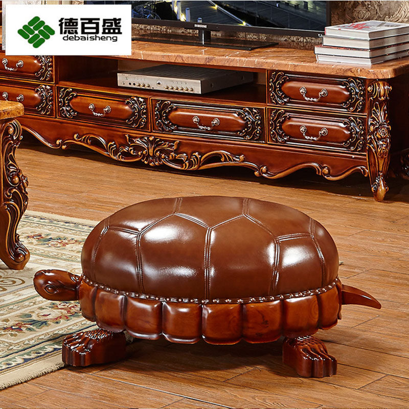 欧式真皮乌龟凳儿童矮凳换鞋凳招财乌龟凳全实木雕花头层牛皮凳子