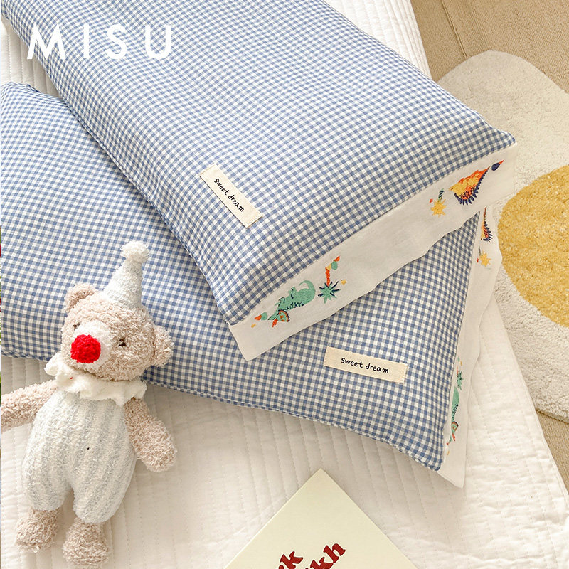 刺绣卡通格子枕头套乳胶枕套儿童学生单个枕芯套纯棉枕巾宝宝整套