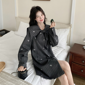 灰色蝴蝶结条纹连衣裙女2025春季新款学院风甜美减龄小个子衬衫裙图片