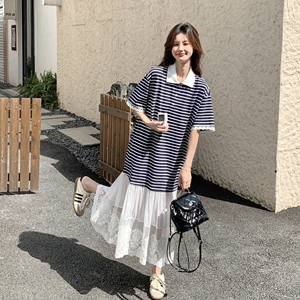 韩版学院风撞色条纹连衣裙女2025夏季新款减龄假两件蕾丝拼接长裙图片