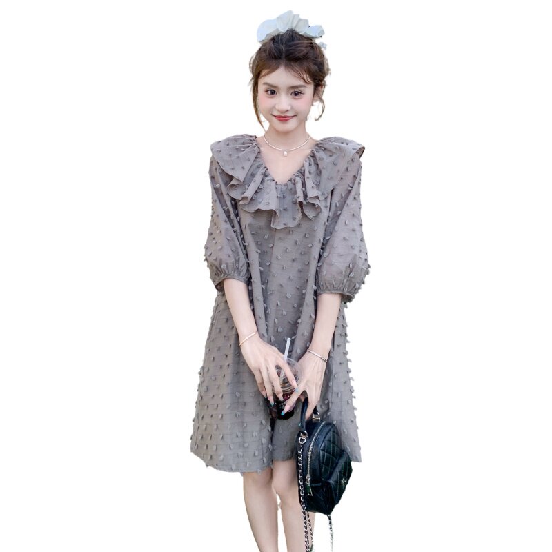 灰色荷叶边拼接连衣裙女2025夏季新款法式设计感小个子减龄a字裙,女装连衣裙,浙宝160