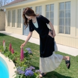 法式蕾丝拼接假两件连衣裙女夏季2025新款流行超火高级感气质长裙，女装连衣裙，浙宝160