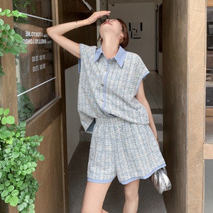 蓝色小香风衬衫短裤套装女夏2025新款两件套高级感轻熟风大方得体图片