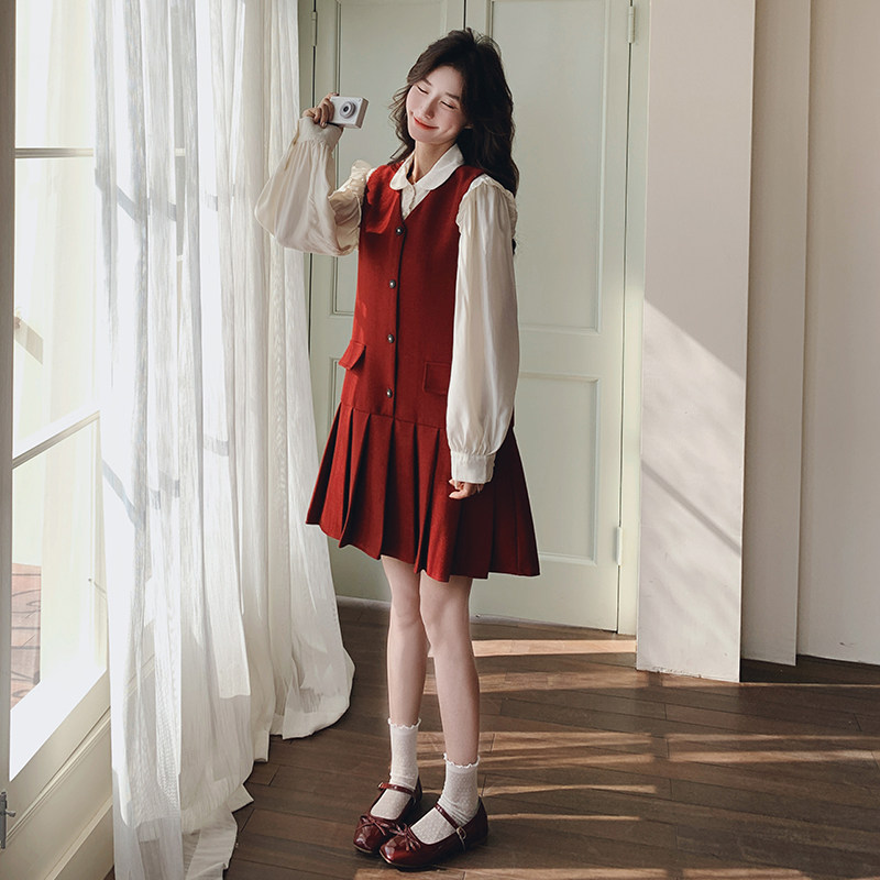 红色小香风连衣裙套装女2025春季新款超好看减龄衬衫背心裙两件套,女装套装/套裙,浙宝160