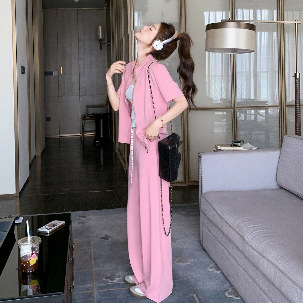 粉色休闲运动套装女夏季2025新款洋气减龄短袖上衣阔腿裤两件套女，女装套装/套裙，浙宝160