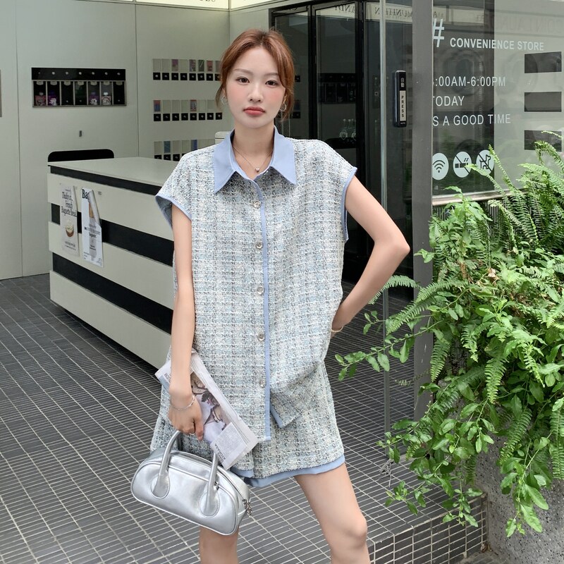 蓝色小香风衬衫短裤套装女夏2025新款两件套高级感轻熟风大方得体,女装套装/套裙,浙宝160