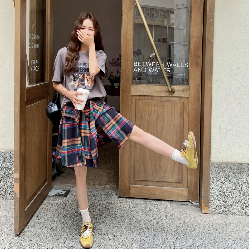 港风假两件不规则格子裙裤套装女2025夏季新款显瘦印花T恤两件套，女装套装/套裙，浙宝160