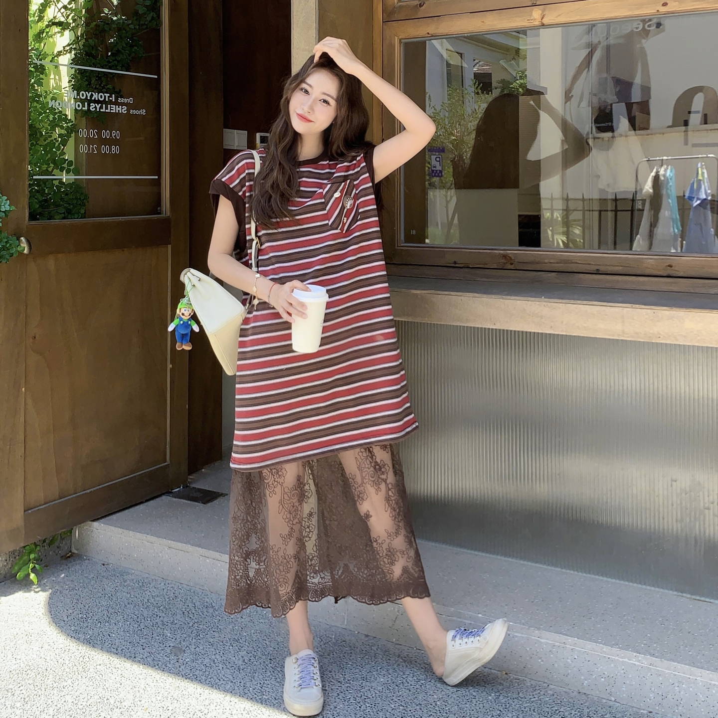 撞色条纹休闲连衣裙套装女2025年夏季新款设计感蕾丝半身裙两件套，女装套装/套裙，浙宝160