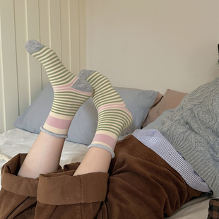 卷边拼色条纹袜子女无骨堆堆袜撞色中筒棉袜