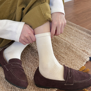 百搭基础无骨袜子女抗起球精梳棉中筒袜秋冬纯色白色棉袜