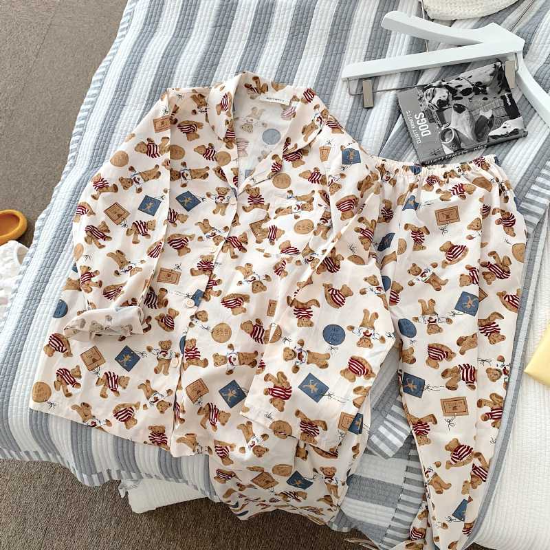 春夏季卡通小熊睡衣女翻领家居服套装纯棉睡衣睡裤可外穿