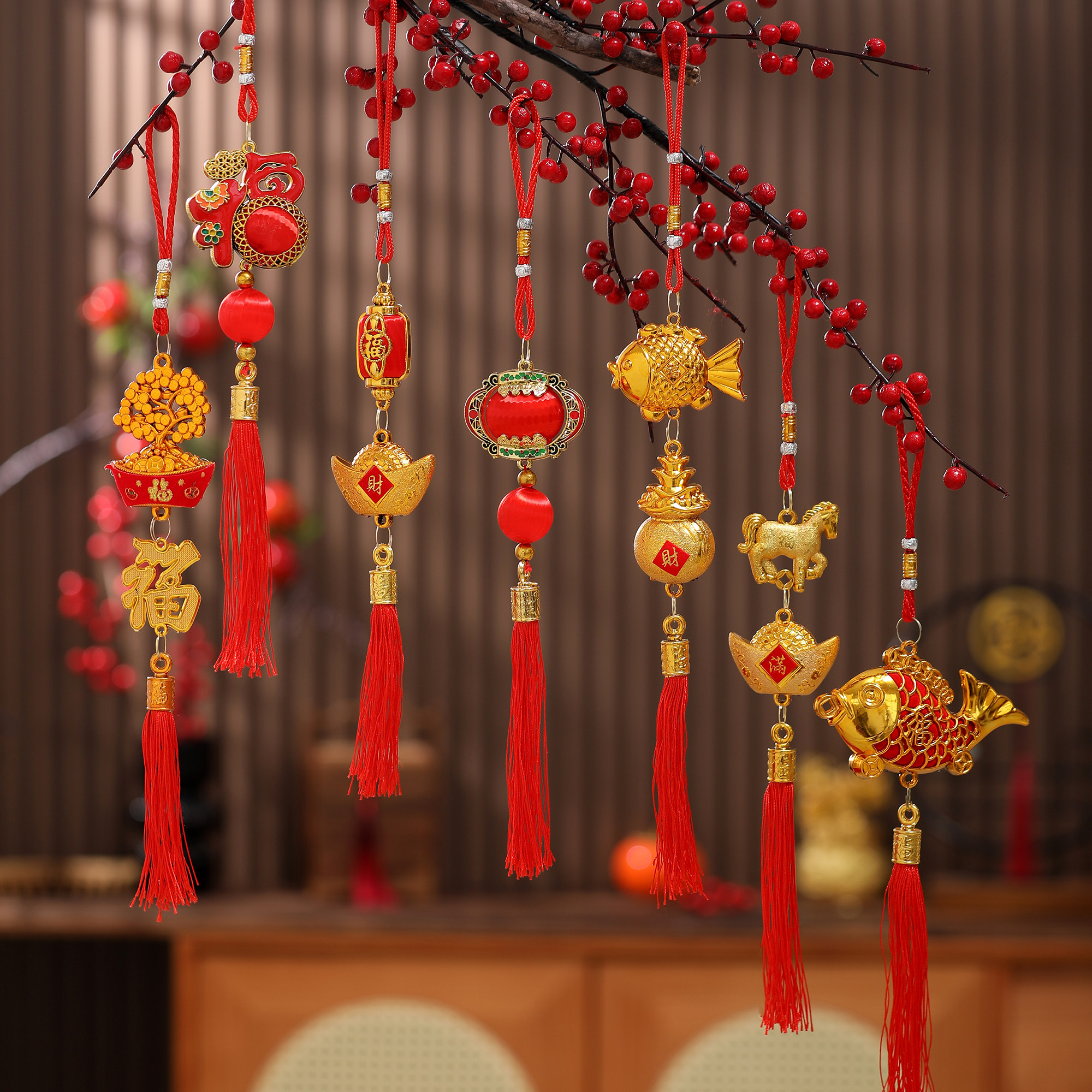 2026马年新年装饰新款盆栽绿植挂件富贵竹装扮过年摇钱树小挂片