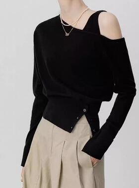 2025早春新款设计感斜肩针织衫女不规则气质上衣宽松慵懒洋气毛衣