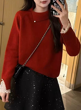 2025秋冬新年红色加厚毛衣女蕾丝拼接翻领上衣慵懒风打底针织衫