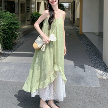 不规则网纱拼接雪纺连衣裙女夏设计感小众吊带裙海边度假绿色长裙