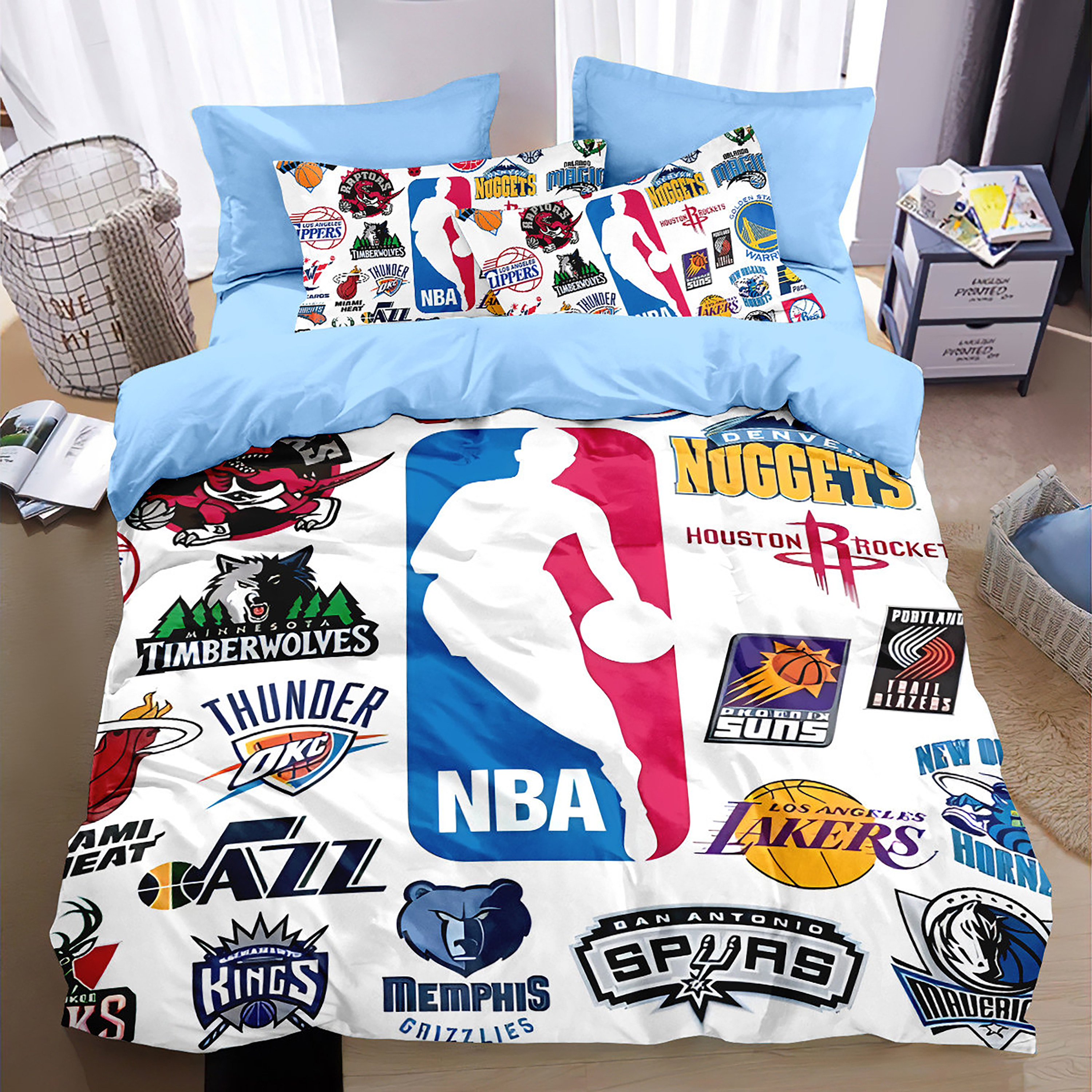 篮球主题被套纯棉四件套湖人勇士NBA队徽男孩学生床上用品三件套