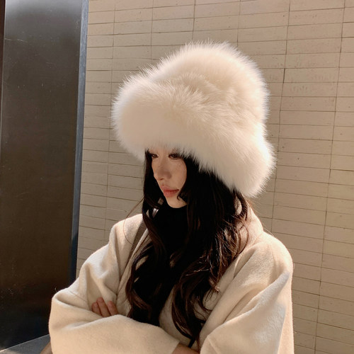 轻盈显脸小狐狸毛渔夫帽 冬季温暖加厚可调节真皮草毛毛护耳帽子