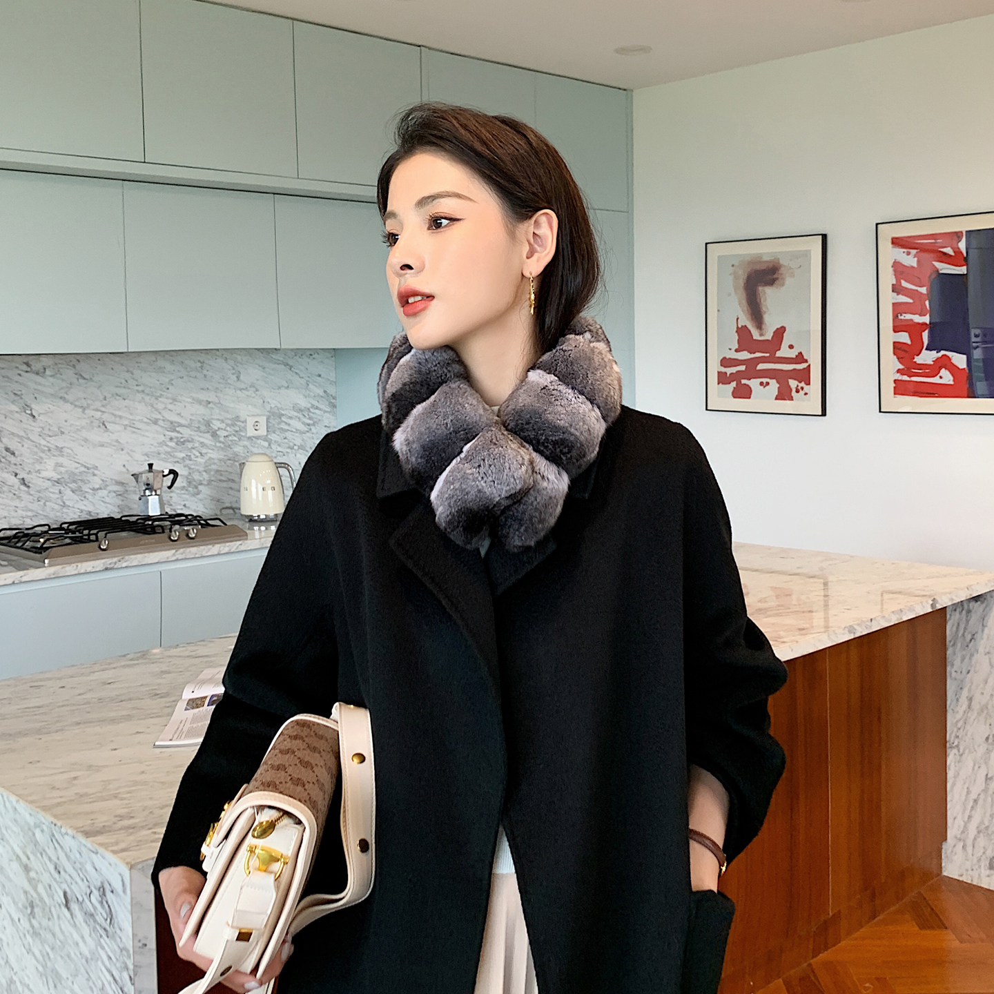 奢华龙猫皮草围巾女气质栗鼠渐变本色冬季保暖围脖青紫蓝夹子款