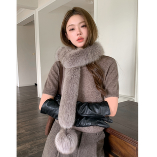 时髦单品狐狸毛球球围巾冬季保暖凹造型真皮草长款围脖毛领子新品