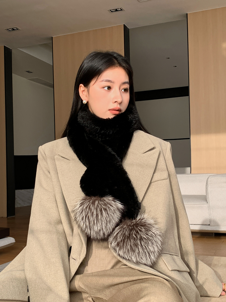 韩版水貂毛编织长款围巾 银狐狐狸毛球球真毛秋冬气质围脖女保暖