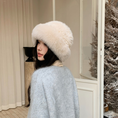 气质显脸小款韩版兔毛渔夫帽秋冬新品狐狸毛帽子皮草盆帽圆顶女帽