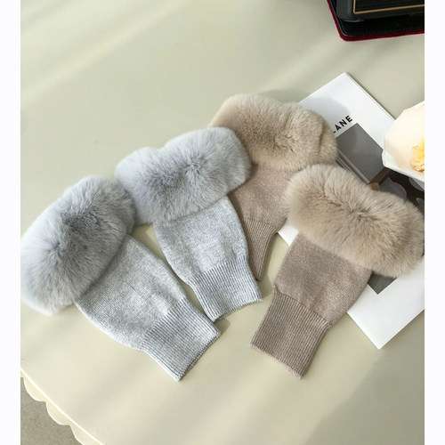 獭兔毛配针织手套女士半指手套