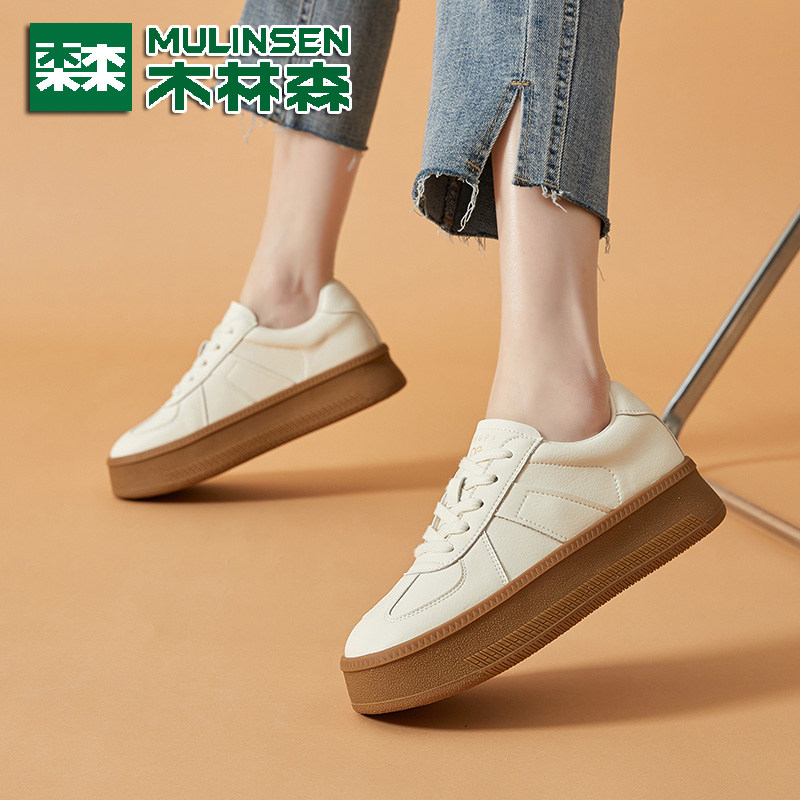 木林森真皮女鞋2024春季新款百搭休闲板鞋厚底小白鞋运动德训潮鞋