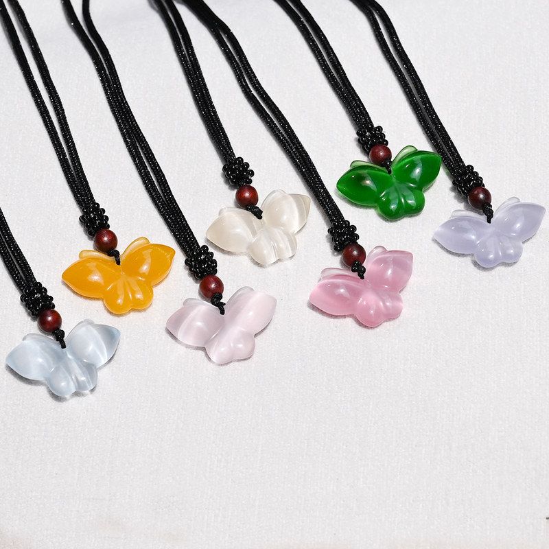 猫眼石吊坠项链挂件多色女士饰品 配件蝴蝶结水晶石 雕刻蝴蝶DIY
