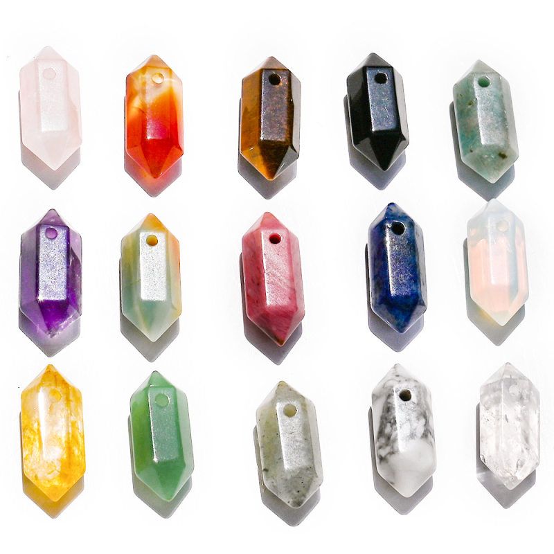 天然水晶8*20mm大孔六柱体紫晶虎眼石双尖六棱柱吊柱diy饰品配件