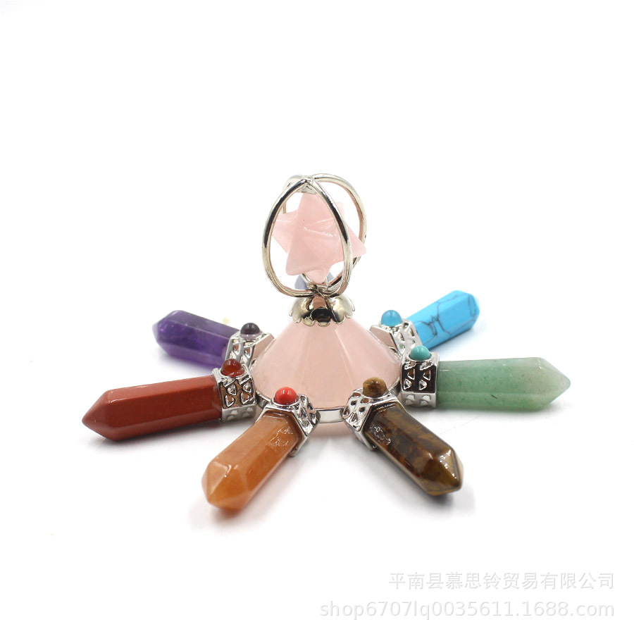 梅尔卡巴七彩六角柱水晶工艺品摆