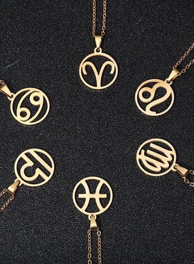 欧美跨境热销钛钢简约12星座项链高级感镂空吊坠 ins男女星座符号