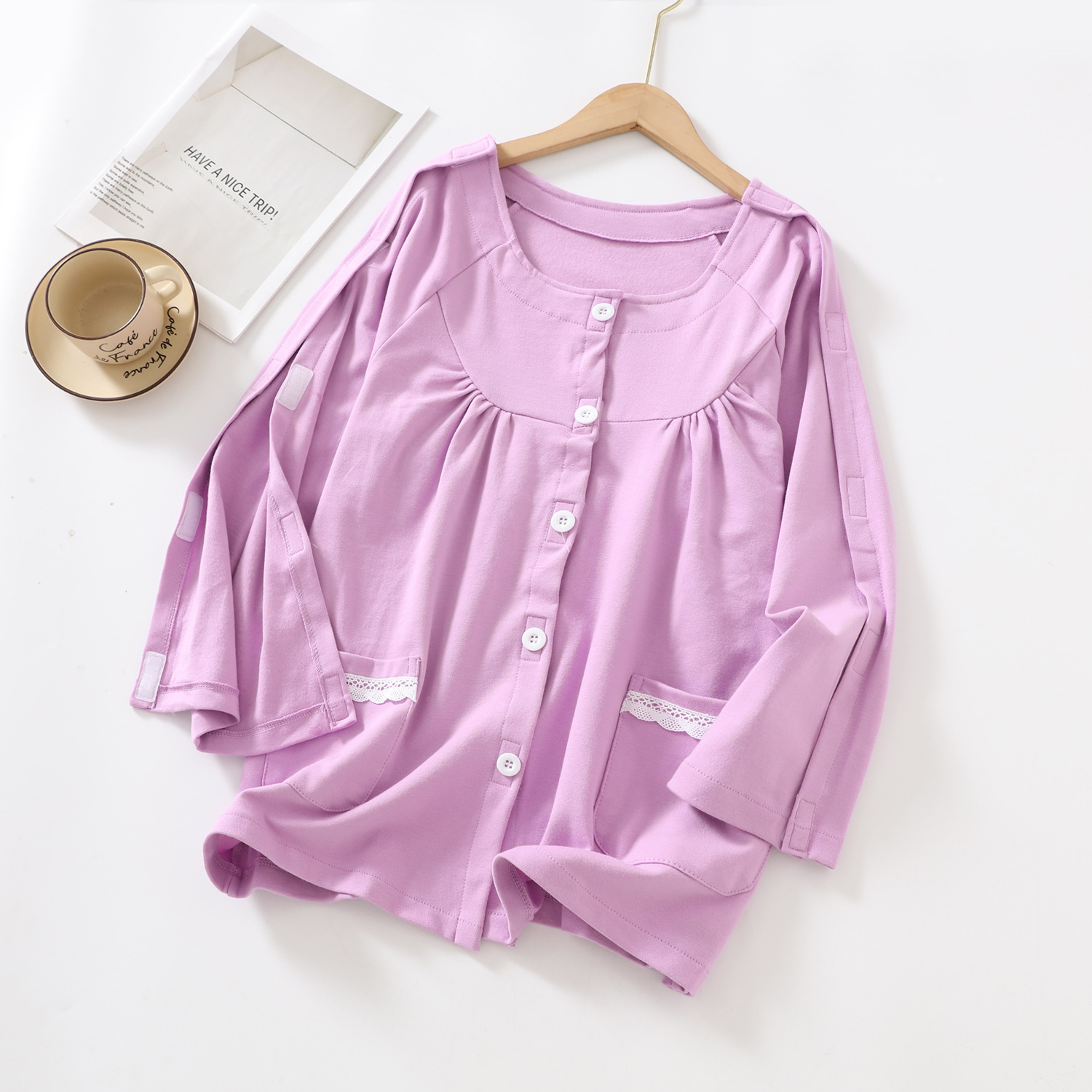 春秋纯棉毛瘫痪老人护理服上衣透析专用衣服骨折方便易穿脱病号服