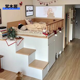 公寓小户型定制儿童房实木半高床带储物柜书桌组合白色1.2米单床