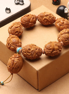橄榄核大籽纯手工雕刻钟馗赐福整神文玩手串核雕八大钟馗盘玩包浆
