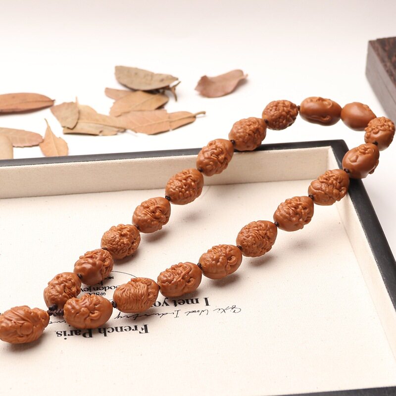 梅林老油核老料长串橄榄核雕刻手工单面十八罗汉手持手串写实单圈