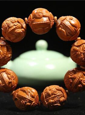 25mm大籽橄榄核手串万佛朝宗神仙会苏工手雕财神弥勒佛观音手链男